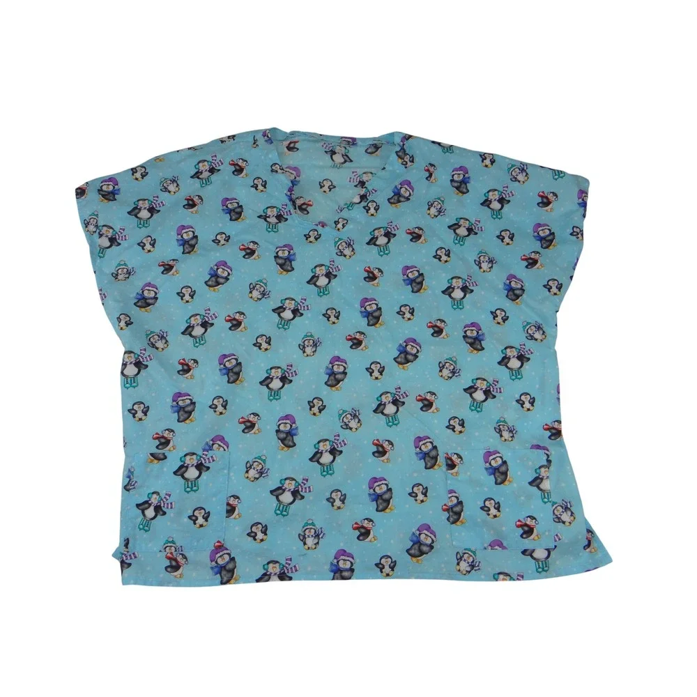 Unbranded Blue Penguin Winter Print V-Neck Scrub Top Short Sleeve Pockets 3878